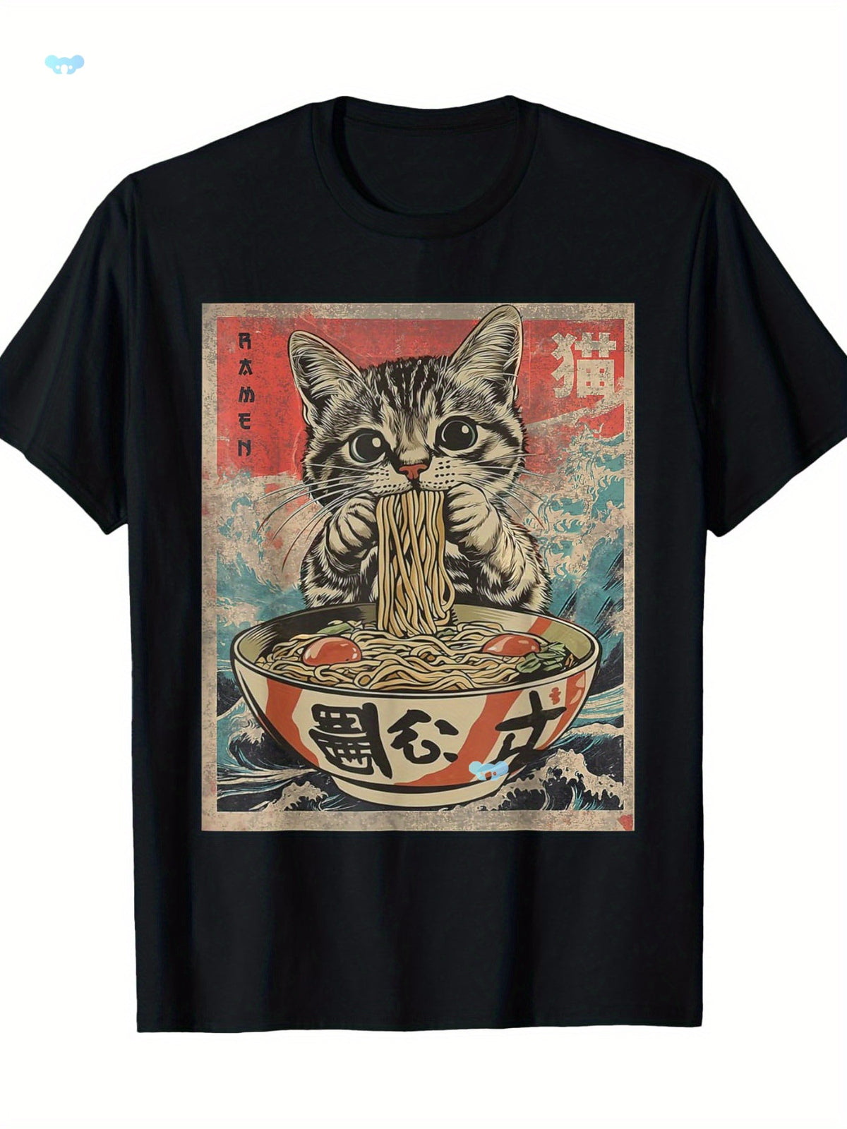 1pc Kawaii Cat Ramen Anime T Shirt For Men Fabric — back view