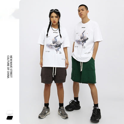 Street Anime Moon Rabbit Print Loose Men's T-shirt — packaging
