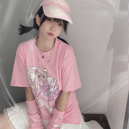 Gothic Pink Harajuku Anime Girl Loose Aesthetic T-Shirt — detail