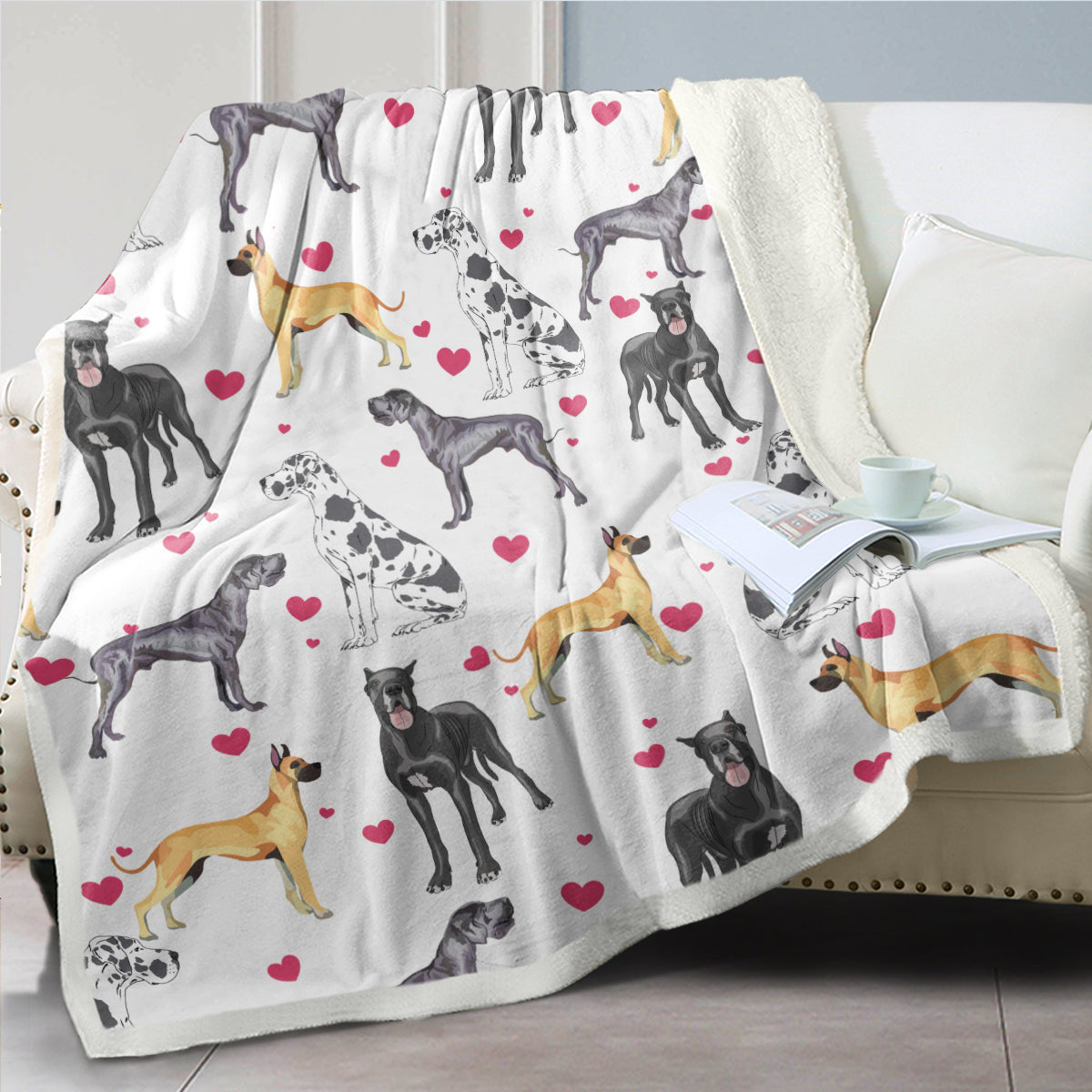 Great Dane Dog Blanket Red Heart Puppy Print Sherpa Fleece Throw Blanket Funny Kawaii Dog Portrait Plush Blankets Love Pets