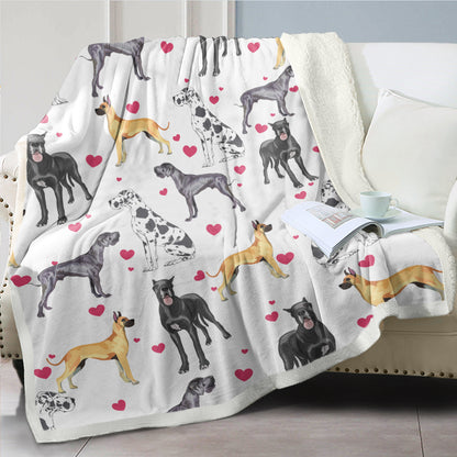 Great Dane Dog Blanket Red Heart Puppy Print Sherpa Fleece Throw Blanket Funny Kawaii Dog Portrait Plush Blankets Love Pets