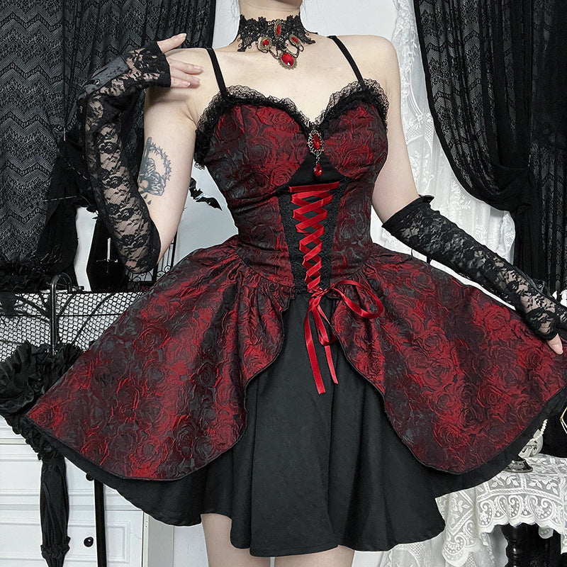 Gothic Black And Red Jacquard Dress | Magic Stories