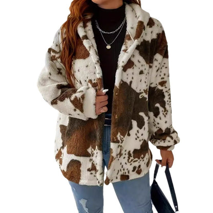 Womens Casual Chic Plush Coat With Cow-print And Button Detailing — packaging
