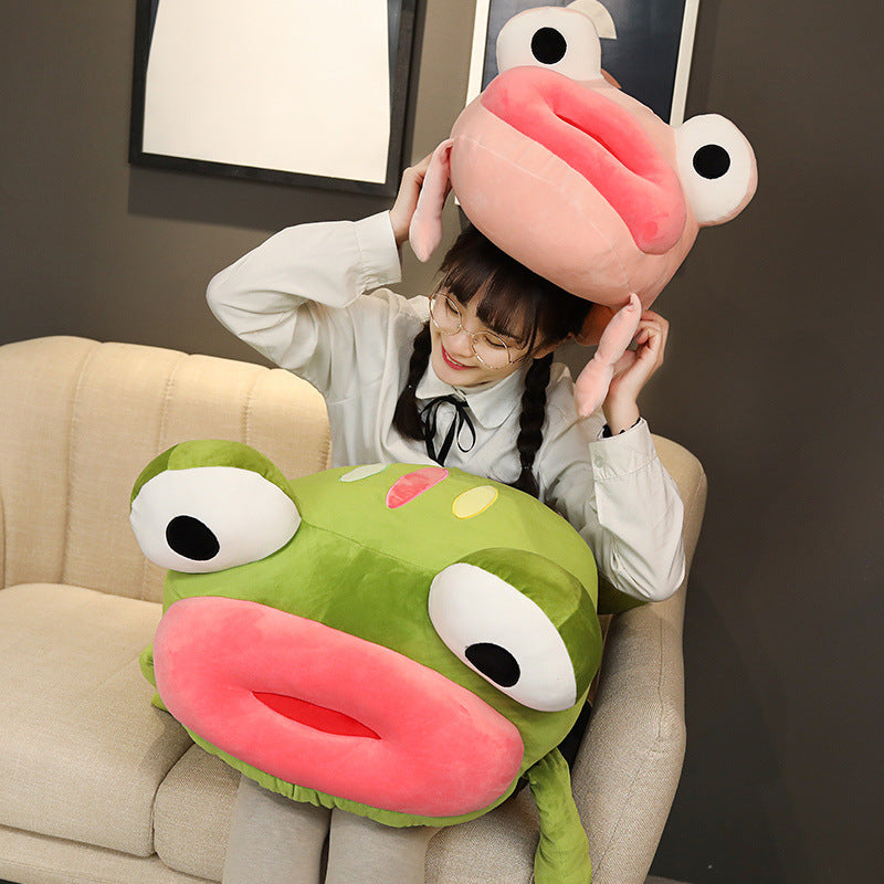 Big mouth frog plush toy doll — in use