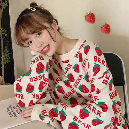 Sweet Strawberry Winter Women's Ins Harajuku Letter Long Sleeve tops Knit Sweater New Fashion Loose ins Casual — back view