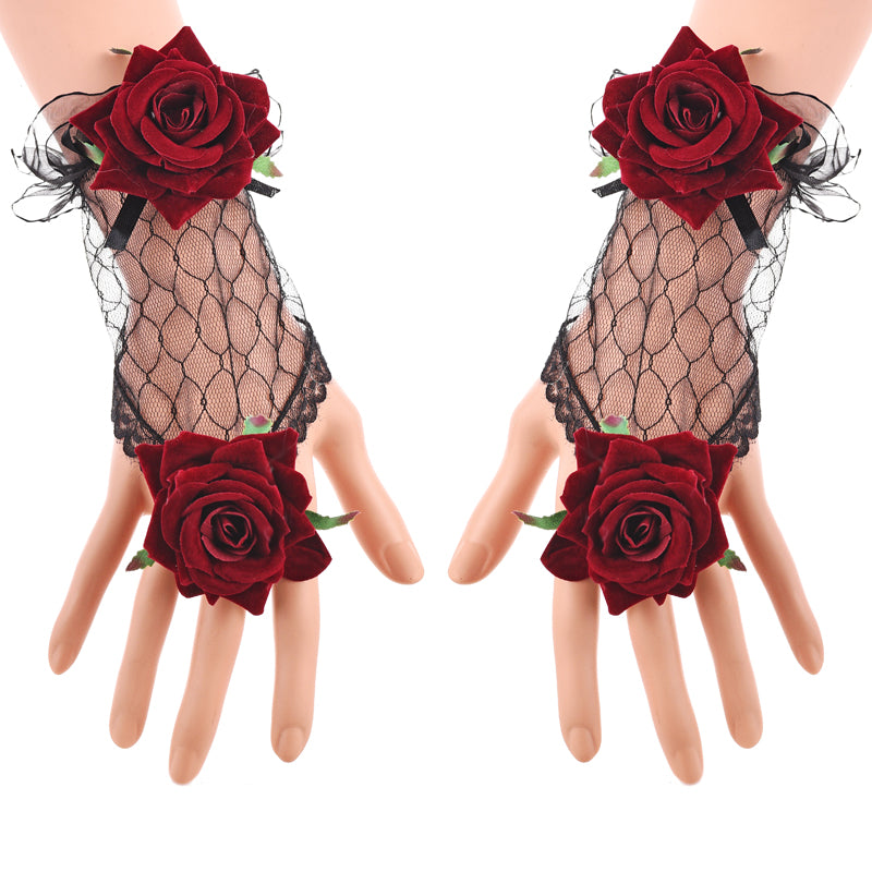 Vintage Lolita Lace Gloves Burgundy Rose | Magic Stories