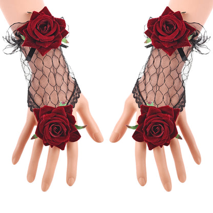 Vintage Lolita Lace Gloves Burgundy Rose | Magic Stories