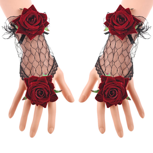 Vintage Lolita Lace Gloves Burgundy Rose | Magic Stories