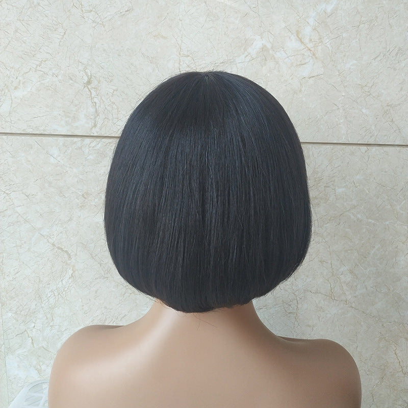 Double Drawn Short Bob Wig Brazilian Human Hair Fringe Wig — detail