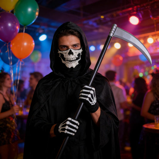 Grim Reaper Costume, 4-Piece Set: Black Cape + Scythe + Hood + Glow-in-the-Dark Gloves, Spooky Halloween Costume For