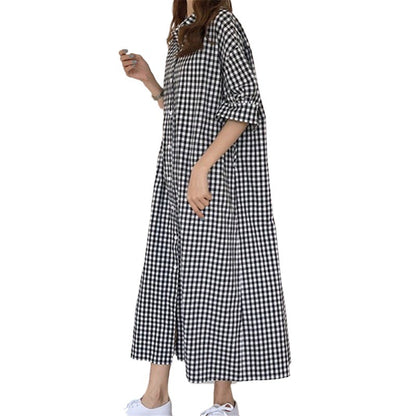 Harajuku Style Cotton Linen Dress Plaid — back view