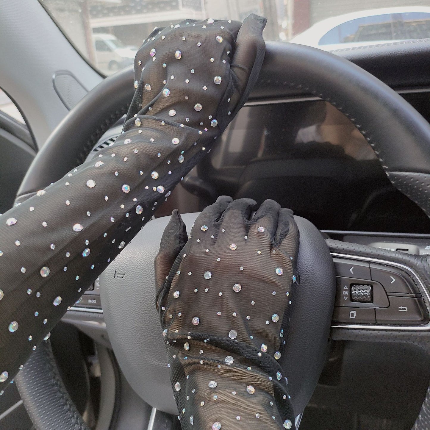 Halloween Dress Cosplay Rhinestone Lace Mesh Gloves — back view