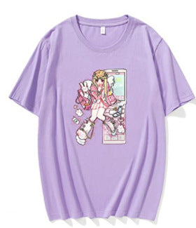 Gothic Pink Harajuku Anime Girl Loose Aesthetic T-Shirt — back view