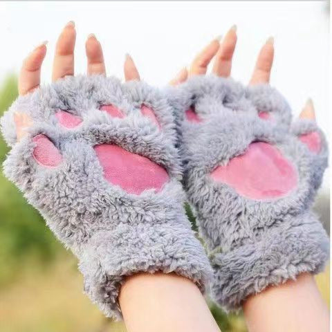 Autumn And Winter Student Plush Cat's Paw Half Finger Gloves For Men And Women — back view