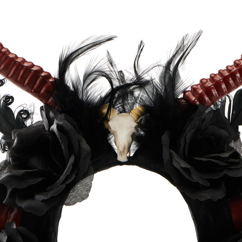Gothic Dark Devil Horn Skull Halloween Red Antelope Horn Headband — back view