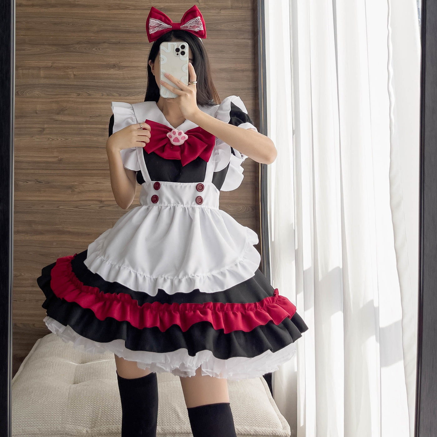 Lolita Gothic Black Red Maid Anime Cosplay Costume — back view