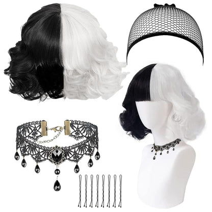 Short Black-and-White Halloween Cosplay Wig For Halloween, Carnival, And Cosplay Parties