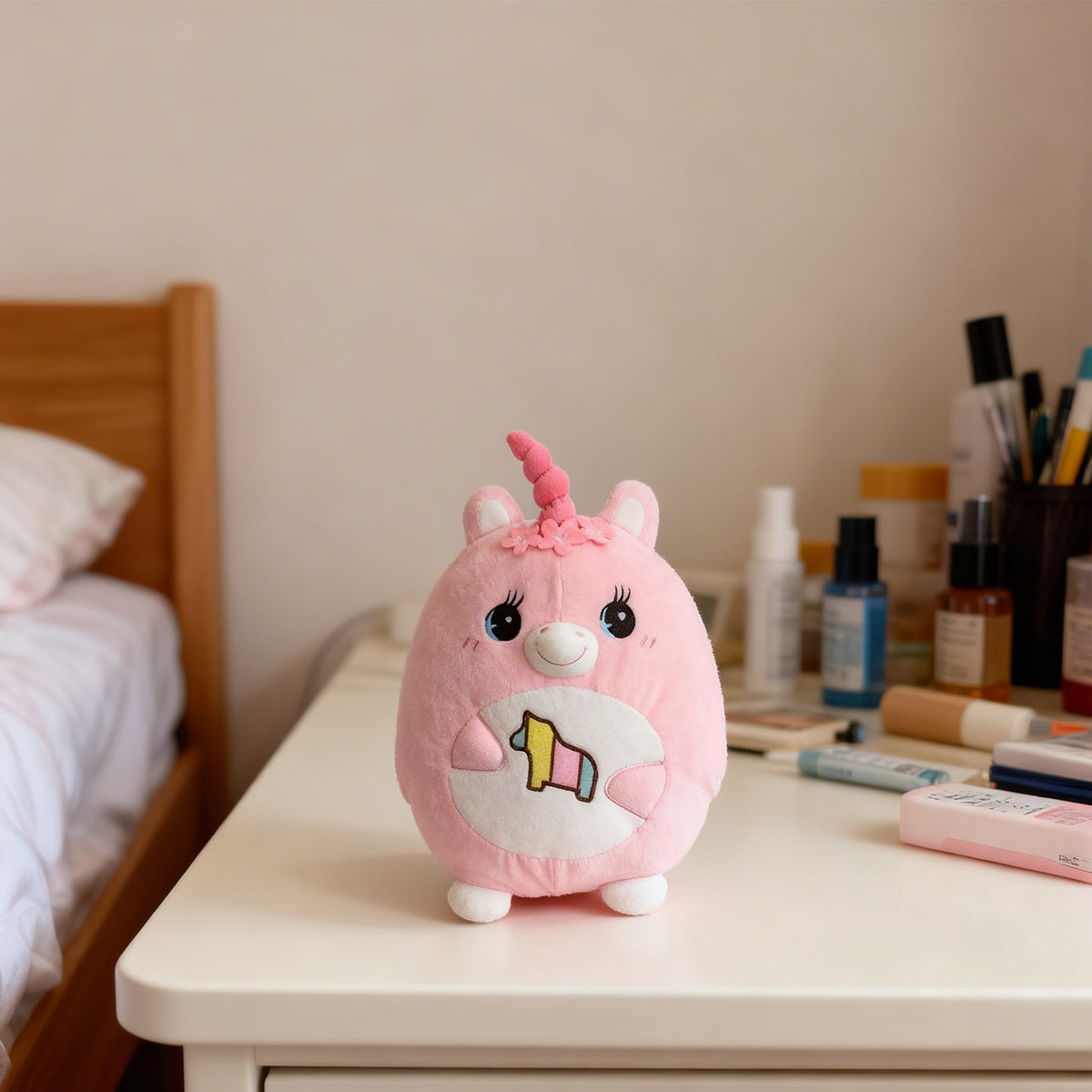 Pink Unicorn Plush Toy With Spiral Horn And Embroidered Horse Patch — detail