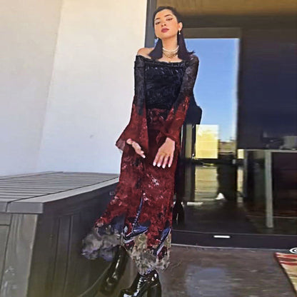 Dark Goth Style Retro Multicolor Printing Irregular Mesh Long Dress — detail