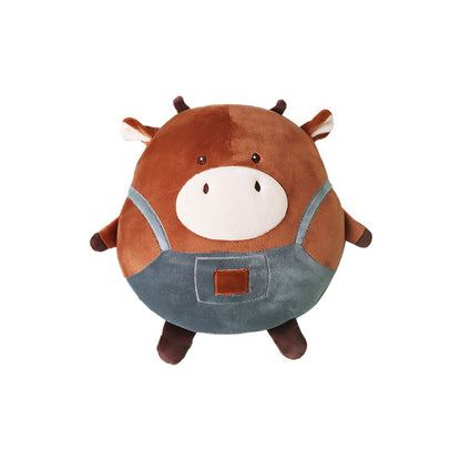 New Original Brown Cow Pillow Suspender Pants Denim Cow Round Rolling Plush Doll — back view