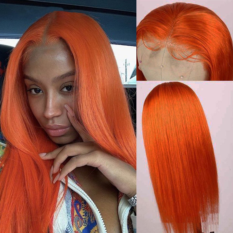 Split-Color Orange Long Straight Wig — detail