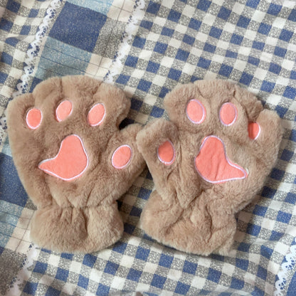 Cute Cat Claw Plush Gloves Female Winter Fleece-lined Warm Half Finger — detail