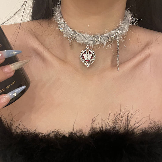 Heart Butterfly Tassel Plush Choker Necklace | Magic Stories