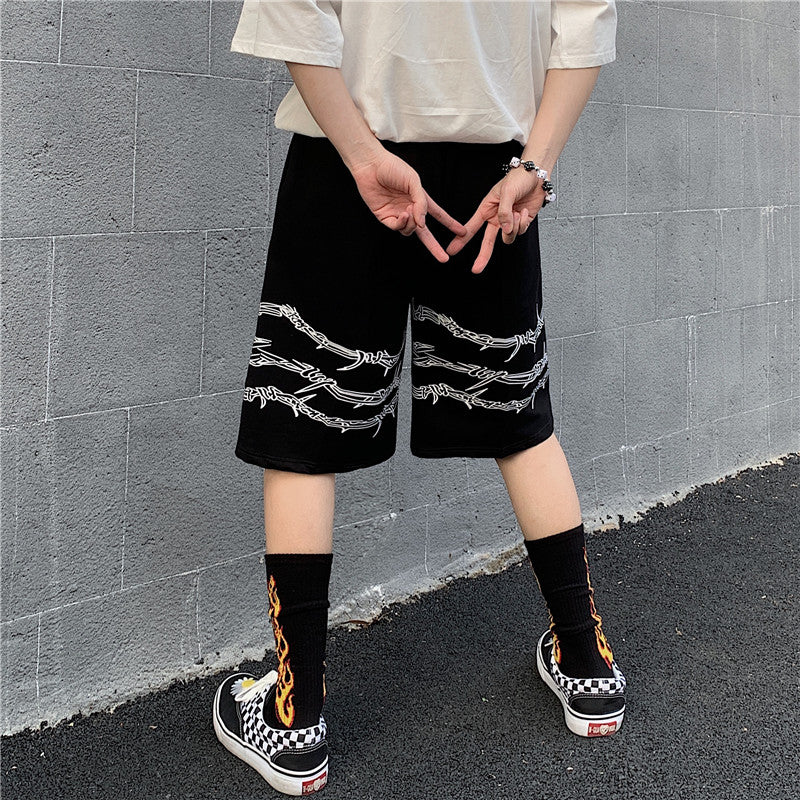 Shorts Men's Loose Casual Trend Dark Line Harajuku Style Front And Rear Iron Chain Pattern Fashion Sports — back view