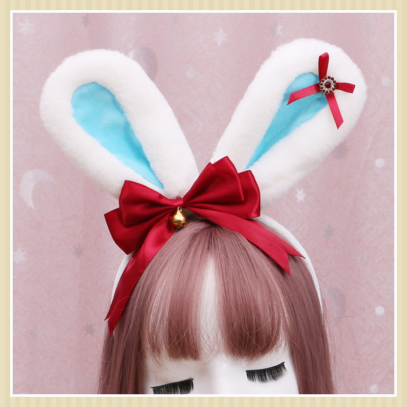 Lolita Animal Ears Accessories Diamond Bowknot Plush Rabbit Ears Headband — in use