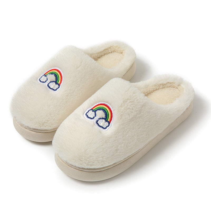 Kawaii Rainbow Embroidered Slippers Warm Slip On Plush Shoes Couple Indoor Home Slippers Winter — side view