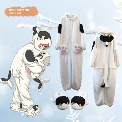 Anime Cartoon Funny Shark And Cat Onesie Pajamas Cute Cozy Loungewear Set — back view