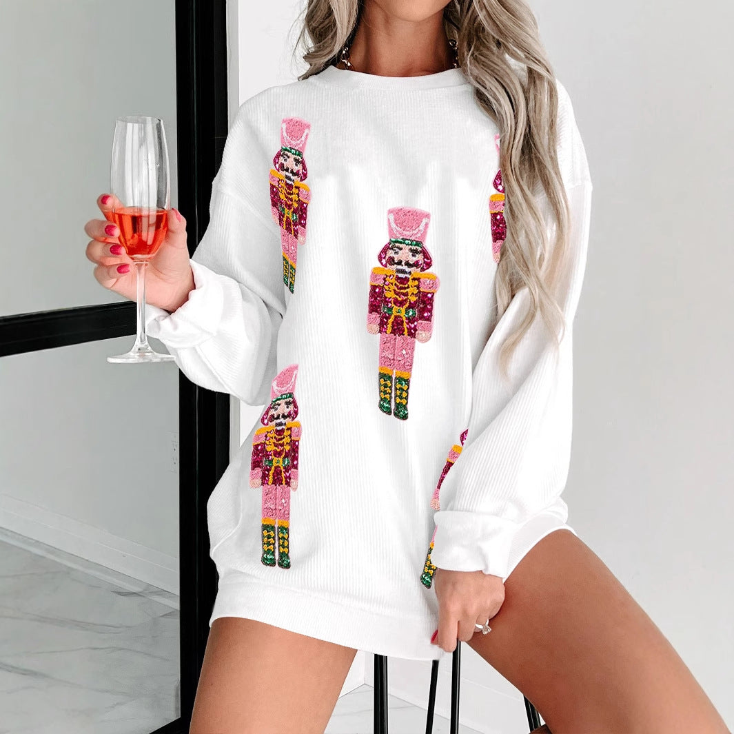 Autumn And Winter Sequin Embroidery Anime Round Neck Long Sleeve Loose Sweatshirt — back view