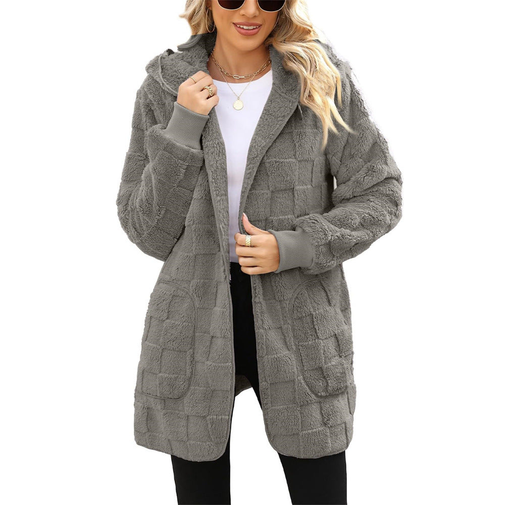 Cardigan Plaid Jacquard Hooded Pocket Plush Cardigan Jacket — back view
