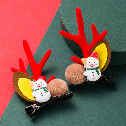 Christmas Series Cute Moose Horns Bells Flannel Two-piece Hairpin — detail