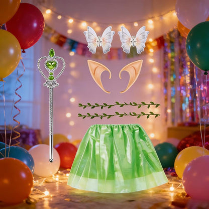 5-piece Fairy Dress Costume Set With A Green Skirt, Ears, Headband, Wing Clips, And Magic Wand—a Magical Fairy Outfit For