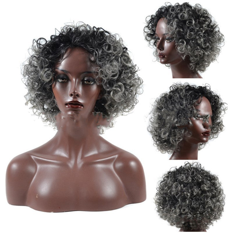 Granny gray short chemical fiber wig headgear