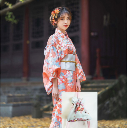 Vintage Orange Sakura Yukata Kimono — back view