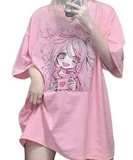 Gothic Pink Harajuku Anime Girl Loose Aesthetic T-Shirt — side view