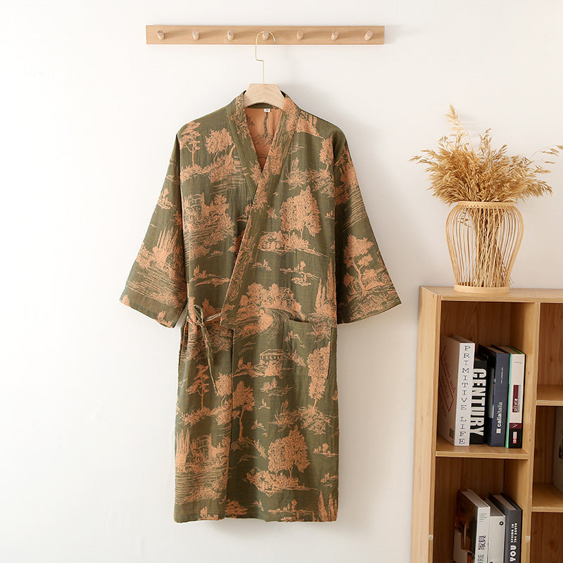 Men's Cotton Gauze Kimono Long Dress Bathrobe — back view