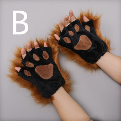 Fingerless Cat Paw Handmade Cartoon Cute Plush Gloves — back view