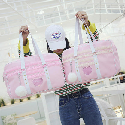 Lolita Japan Harajuku Kawaii JK Shoulder HandBag Lace Ruched Handbag Transparent Love Heart HandBag with Plush — side view
