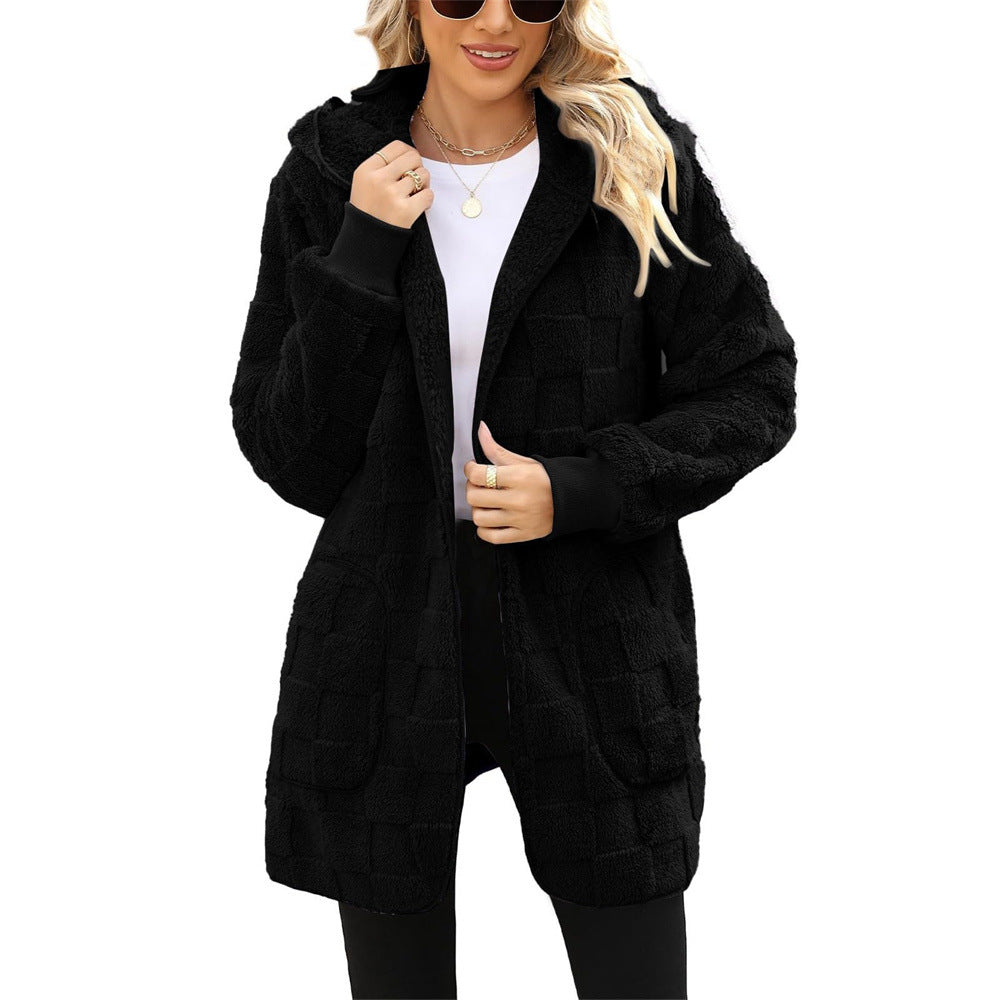 Cardigan Plaid Jacquard Hooded Pocket Plush Cardigan Jacket — side view