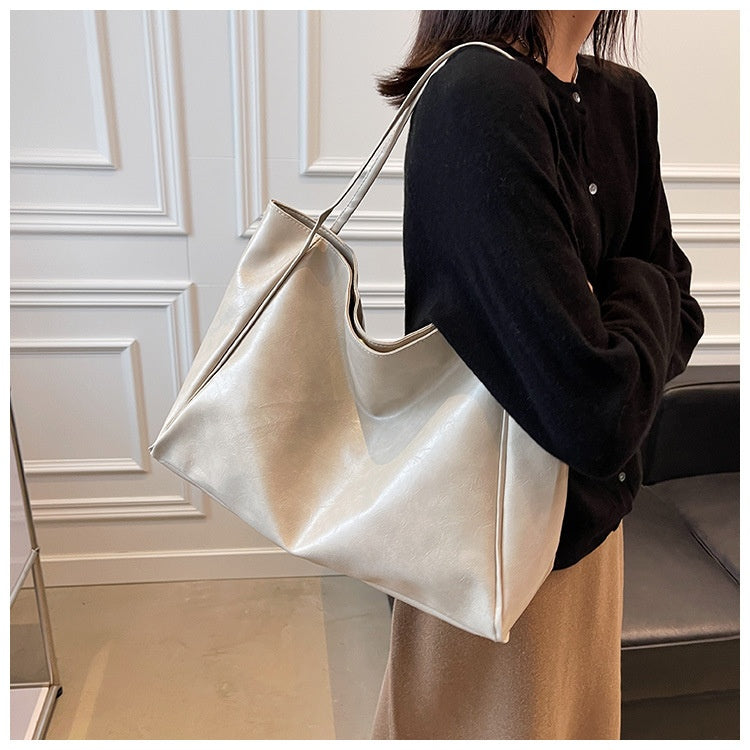Vintage Women's Tote Bag Athletic Casual Fashion Large Capacity Leather Shoulder Bag Shopper Harajuku Simple — back view