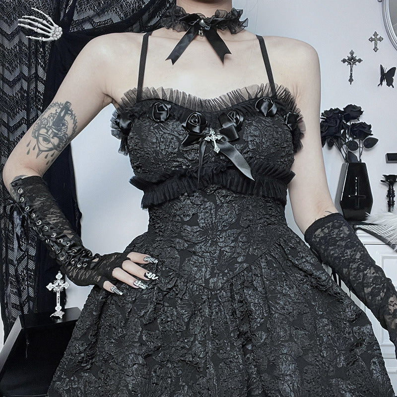 Dark Goth Rose Lace Sling Dress — side view