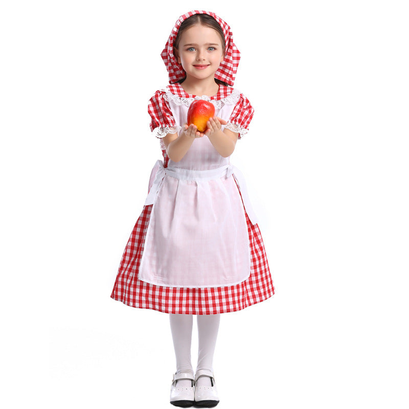 Halloween Fairy Tale Cosplay Lace Red Plaid Beer Outfit Little Maid Farm Costume — back view