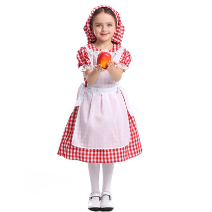 Halloween Fairy Tale Cosplay Lace Red Plaid Beer Outfit Little Maid Farm Costume — back view