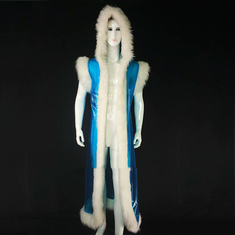 Long Pu Leather Fur Stitching Performance Costume Cosplay Anime — detail