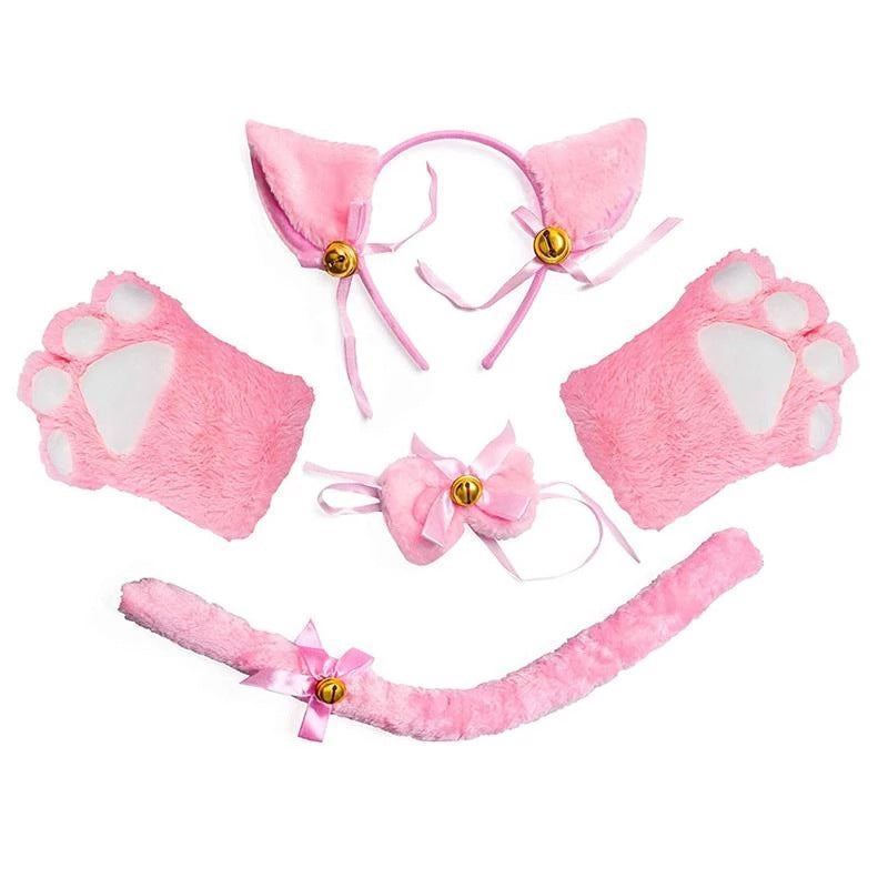 Cute Cat Props Cat Ears Headband Cat's Paw Gloves Cat Tail Accessories Set — in use