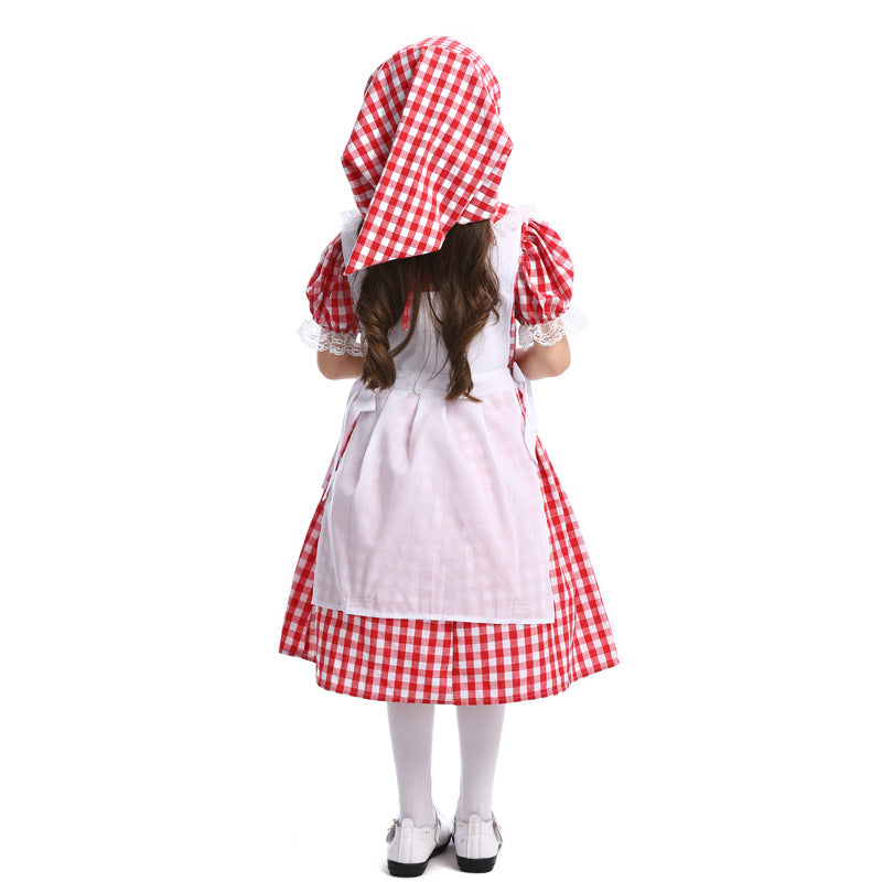 Halloween Fairy Tale Cosplay Lace Red Plaid Beer Outfit Little Maid Farm Costume — detail
