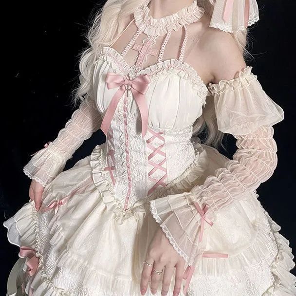 Gothic Lolita 3-Piece — Dark Goth Halter Dress, Long Curly Soft-Girl Wig & Cat-Ear Hairpin